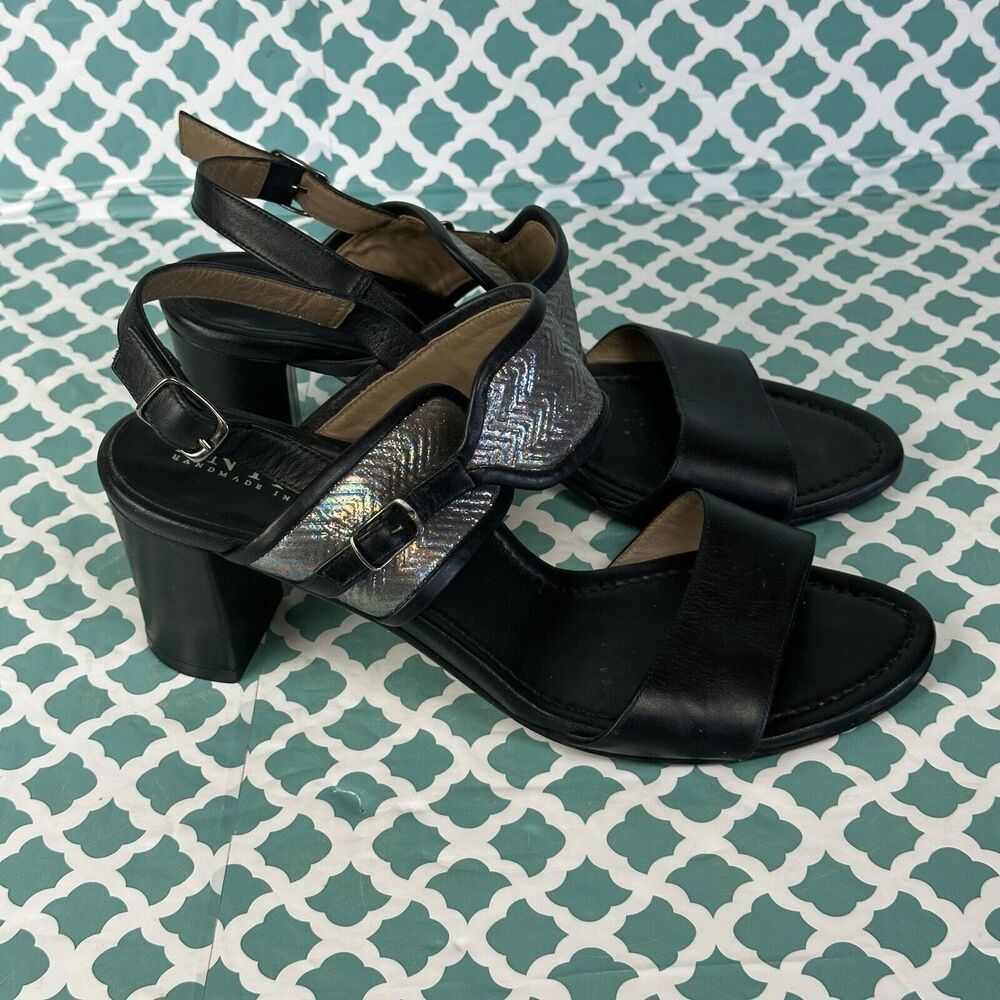 Anyi Lu The Maria Sandals Womens Size 8.5 Black Silver Slingback Strappy Heel